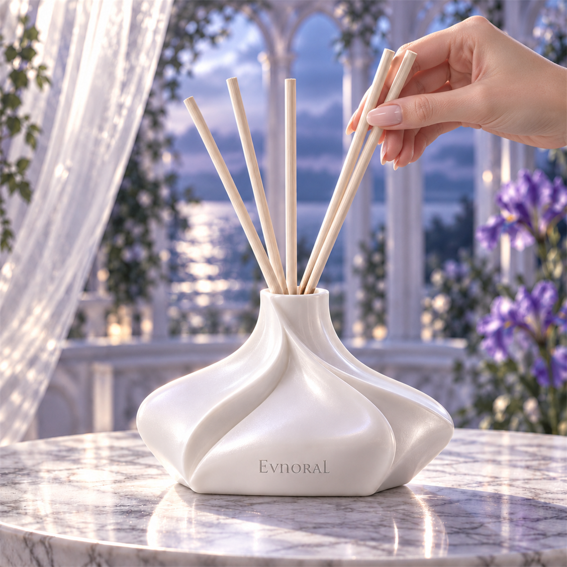 Evnoral Pearl Petal Reed Diffuser fragrance ritual view